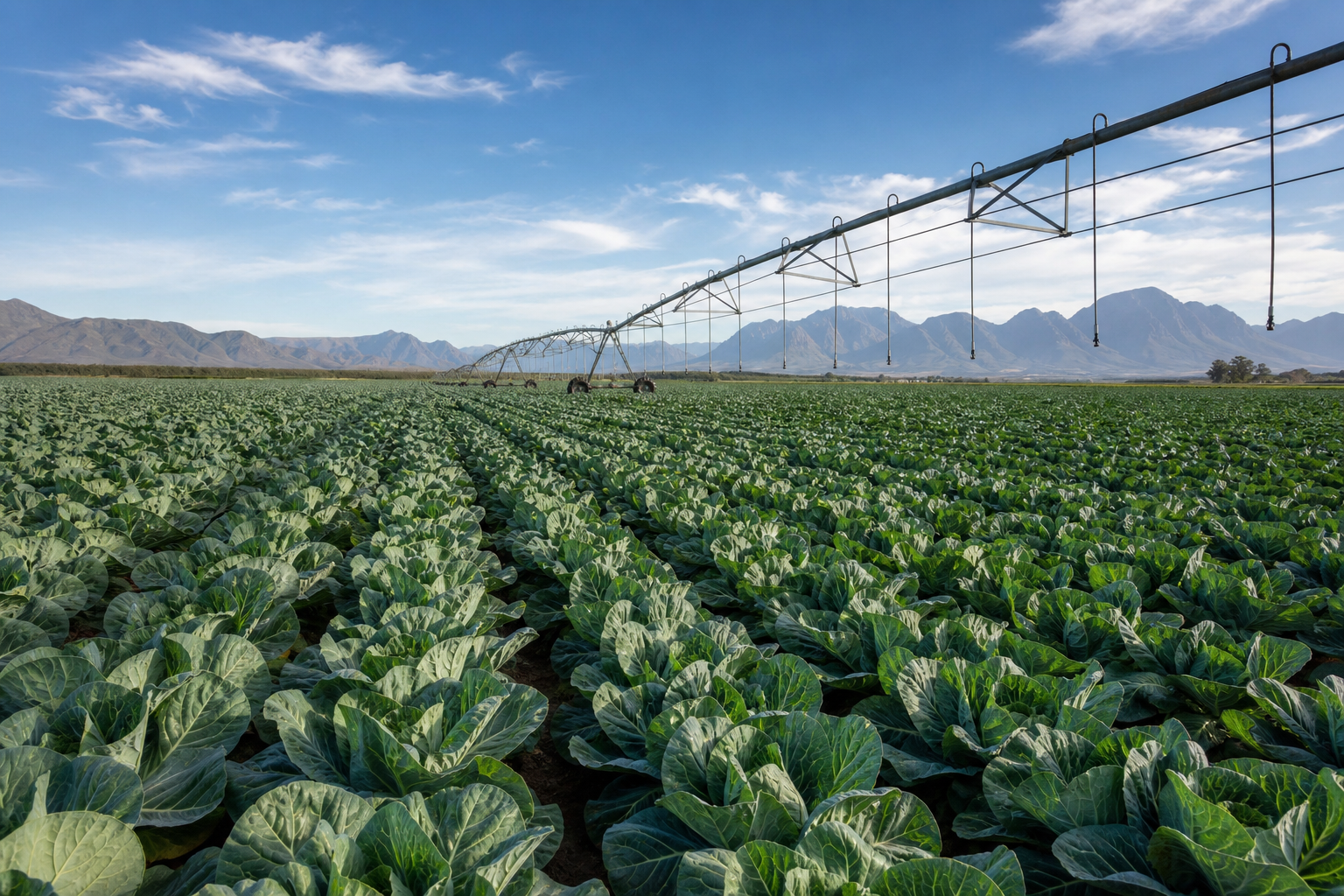 Cabbage growing in a field under centre-pivot irrigation